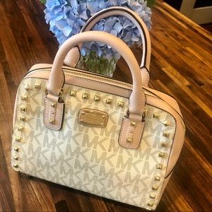 Michael Kors Sandrine Stud Pink and White Leather Satchel